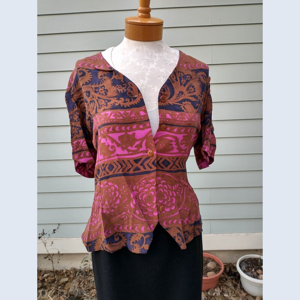 Blouse: Silk, pink/brown. Size 10 - by Dana Buchman